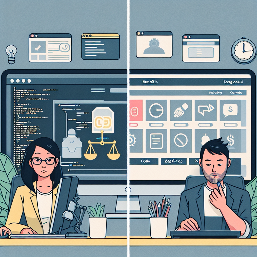 Illustration of two professionals collaborating on web design and digital marketing strategies side by side.